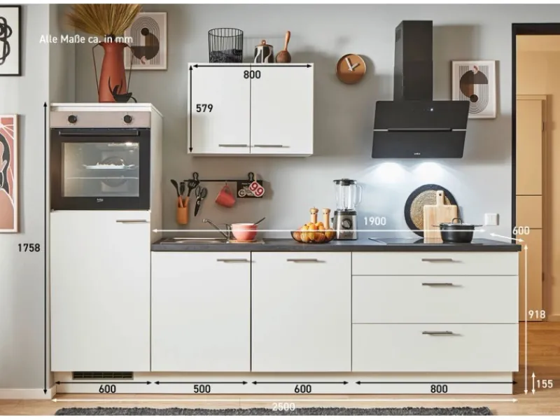 Sale Küchenzeile 250 cm Weiß Anschlag links 1 Geräteschrank Kochfelder|Kühlschränke