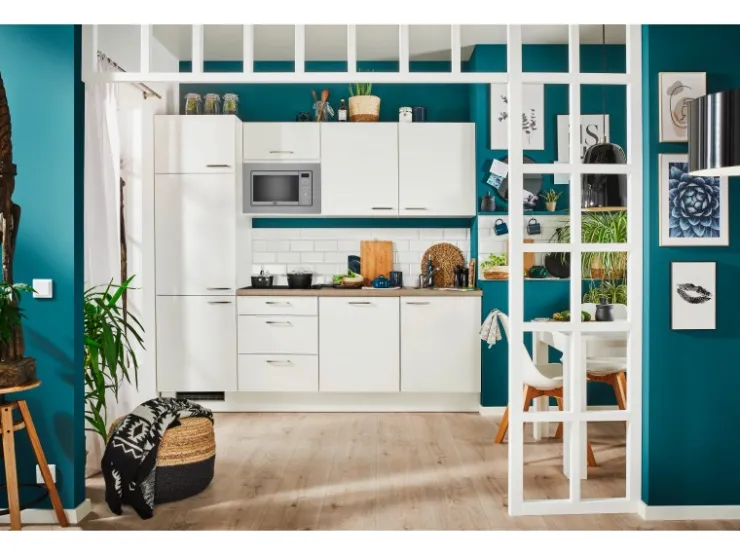 Hot Pino Küchenzeile 240 cm Weiß Anschlag links 1 Geräteschrank