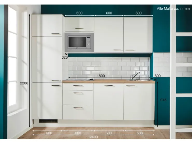 Hot Pino Küchenzeile 240 cm Weiß Anschlag links 1 Geräteschrank