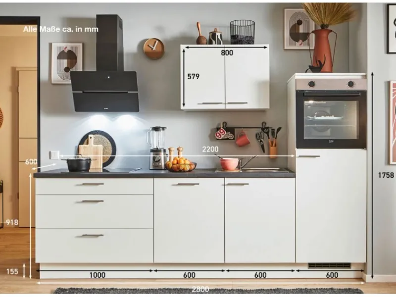 Hot Küchenzeile 280 cm Weiß Anschlag rechts 1 Geräteschrank Kochfelder