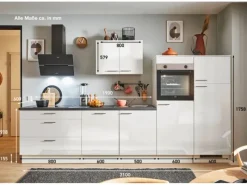 Outlet Küchenzeile 310 cm Weiß Hochglanz Anschlag rechts 2 Geräteschränke Kühlschränke