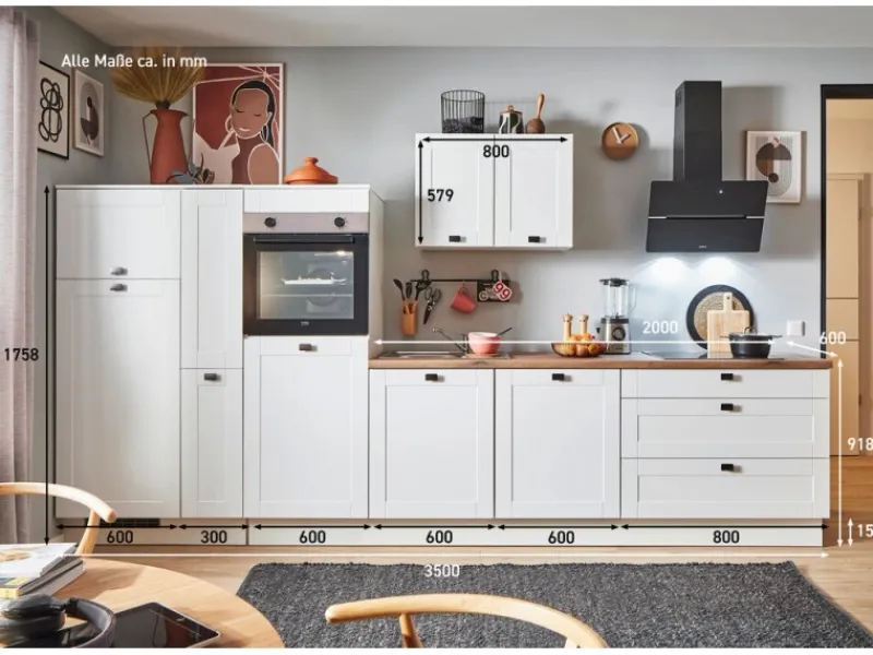 Clearance Küchenzeile 350 cm Weiß matt Anschlag links 1 Geräte-, 1 Apothekerschrank Kühlschränke