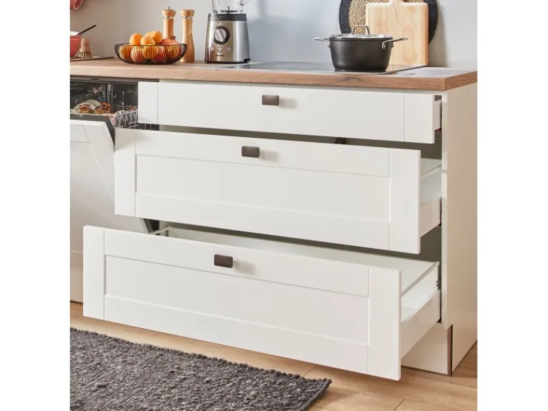 Best Küchenzeile 270 cm Weiß matt Anschlag links 1 Geräteschrank Kühlschränke