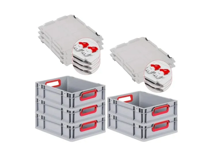 PROREGAL Spar Set 5x Eurobox Nextgen Color Mit Scharnierdeckel & Schiebeschnappverschlüssen HxBxT 12 x 30 x 40 cm Griffe Rot Offen Glatter Boden Grau-Rot