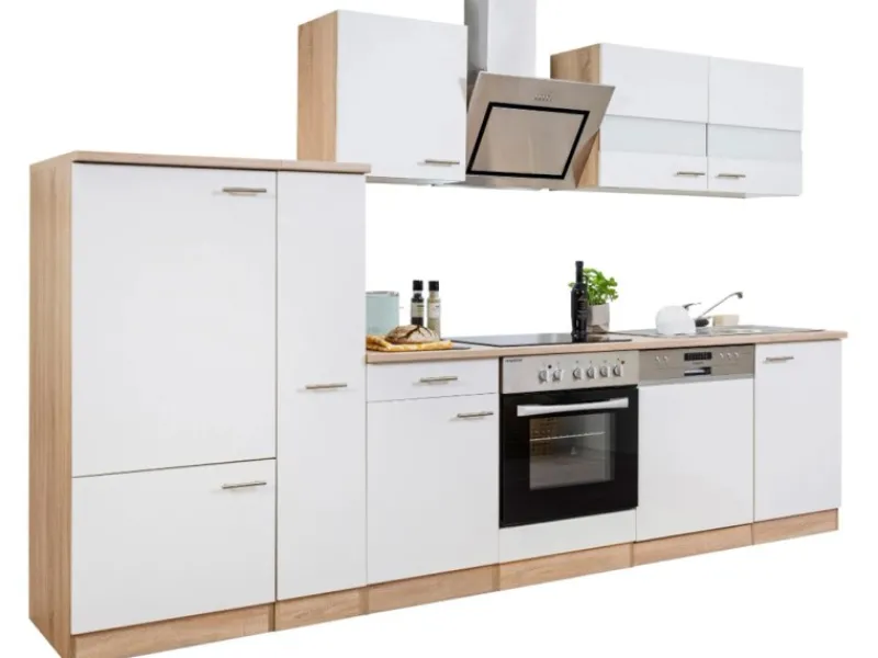 Discount Economy Küchenzeile KB310ESWSC 310 cm -Eiche Sägerau Kühlschränke|Einbauküchen