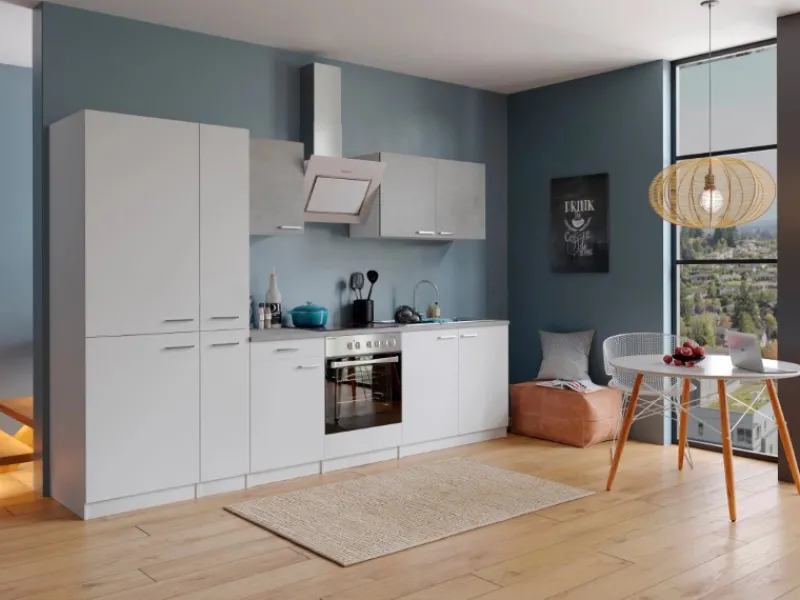 Sale Economy Küchenzeile KB300WWBSCGKE178 300 cm Weiß-Beton Optik Herde|Winkelküchen