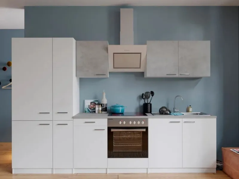 Sale Economy Küchenzeile KB300WWBSCGKE178 300 cm Weiß-Beton Optik Herde|Winkelküchen