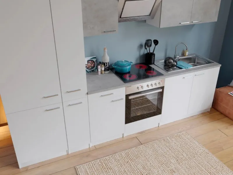 Sale Economy Küchenzeile KB300WWBSCGKE178 300 cm Weiß-Beton Optik Herde|Winkelküchen