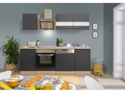 Respekta Winkelküchen|Einbauküchen<Economy Küchenzeile KB220ESGSC 220 cm -Eiche Sägerau Glänzend Grau