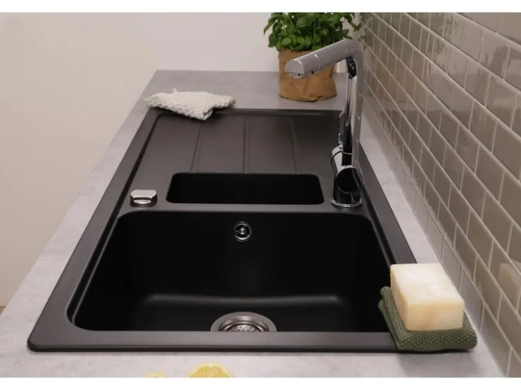 Respekta Einbauspüle Massivgranit Austin 100 cm x 50 cm mit Zusatzbecken Schwarz