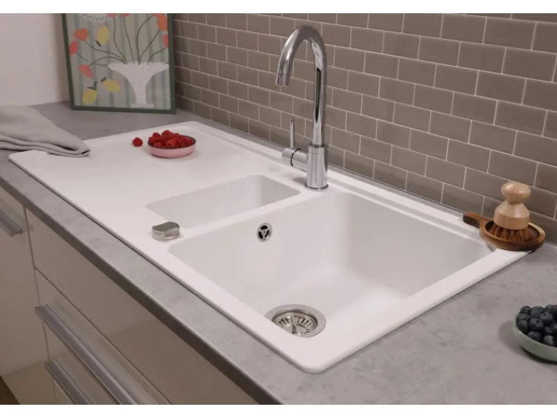 Einbauspüle Massivgranit Austin 100 cm x 50 cm mit Zusatzbecken Weiß Granitspülen