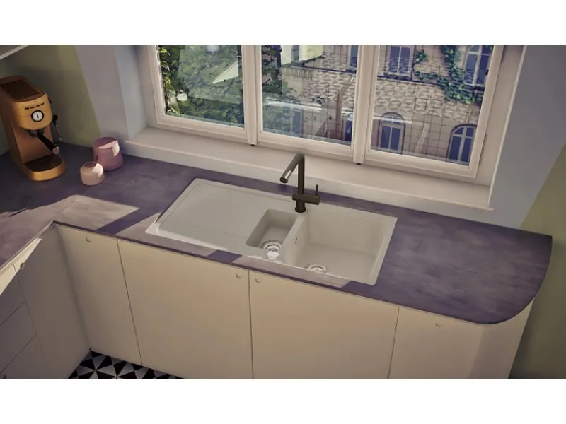 Einbauspüle Massivgranit Austin 100 cm x 50 cm mit Zusatzbecken Weiß Granitspülen