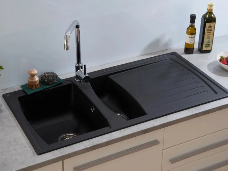 Respekta Granitspülen<Einbauspüle Mineralite Boston mit Restebecken 100 cm x 50 cm Schwarz