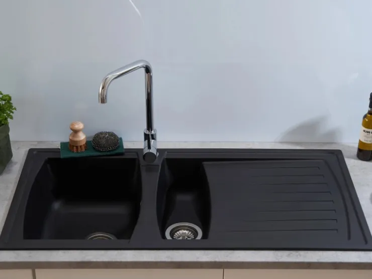 Respekta Granitspülen<Einbauspüle Mineralite Boston mit Restebecken 100 cm x 50 cm Schwarz