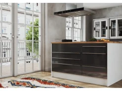 Outlet Inselküche Gabriel 320 cm Grau Hochglanz Inselhauben|Kücheninseln