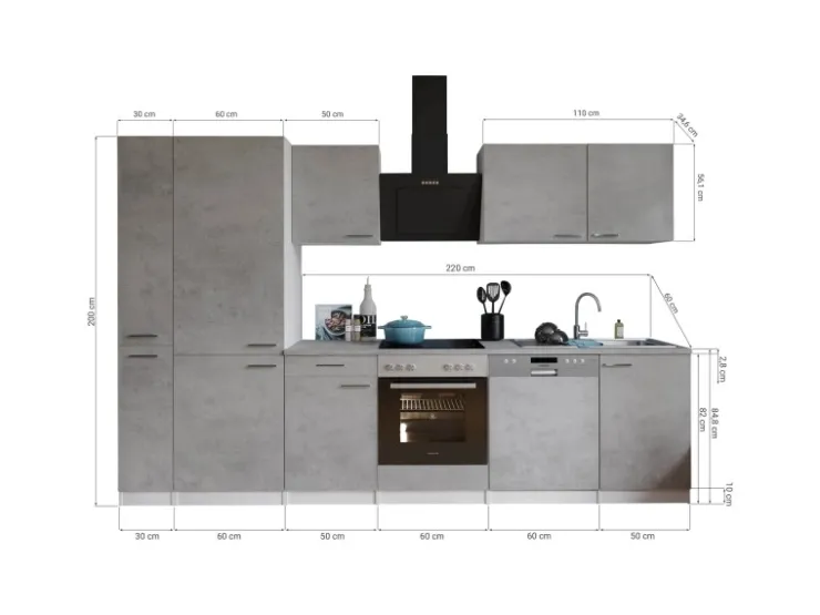 Best Respekta Küchenblock Malia 310 cm Beton Fronten inkl. Kühl-/ Gefrierkombination