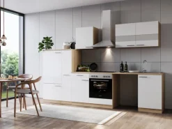 Discount Küchenblock Merle 310 cm Eiche mit Waschmaschinen-Nische Kühlschränke|Kochfelder