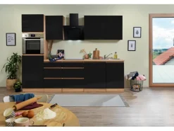 Discount Respekta Premium Respekta Küchenzeile GLRP280HESS Grifflos 280 cm -Sonoma Eiche Schwarz Hochglanz