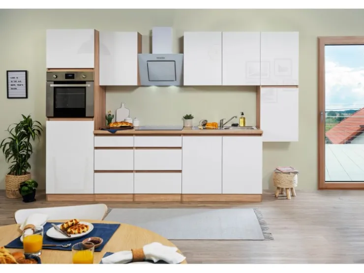 Respekta Premium Kühlschränke|Winkelküchen<Respekta Küchenzeile GLRP320HESW Grifflos 320 cm Weiß Hochglanz-Sonoma Eiche Hochglanz Weiß