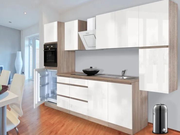 Respekta Premium Kühlschränke|Winkelküchen<Respekta Küchenzeile GLRP320HESW Grifflos 320 cm Weiß Hochglanz-Sonoma Eiche Hochglanz Weiß