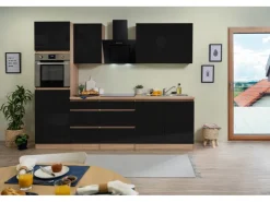 Respekta Premium Kochfelder|Kühlschränke<Respekta Küchenzeile GLRP270HESS Grifflos 270 cm -Sonoma Eiche Schwarz Hochglanz