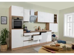 Discount Respekta Küchenzeile GLRP380HESW Grifflos 380 cm Weiß Hochglanz-Sonoma Eiche Kochfelder|Winkelküchen