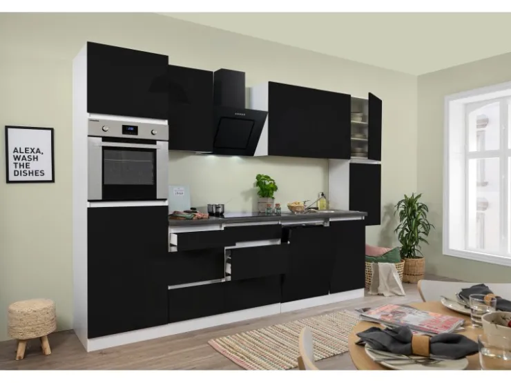 Respekta Premium Respekta Küchenzeile GLRP330HWS Grifflos 330 cm -Weiß Schwarz Hochglanz