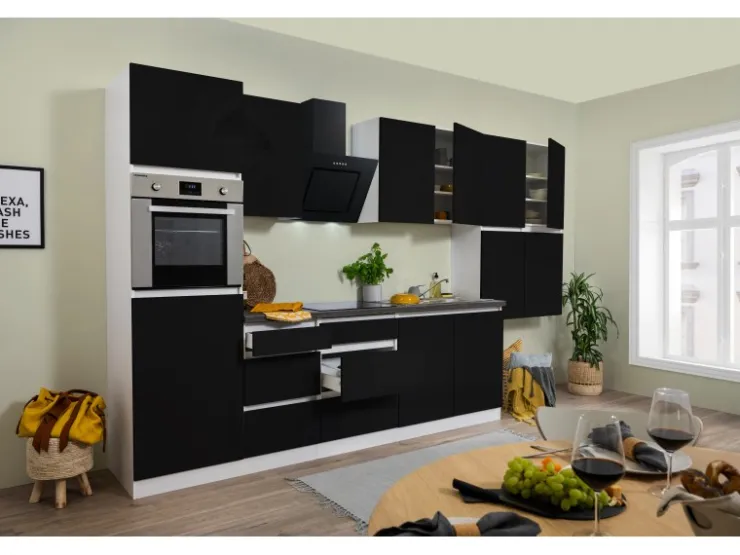 Discount Respekta Premium Respekta Küchenzeile GLRP370HWS Grifflos 370 cm -Weiß Schwarz Hochglanz