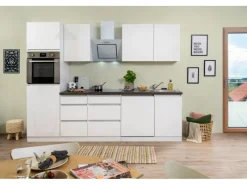 Discount Respekta Küchenzeile GLRP280HWW 280 cm Weiß Hochglanz Granit-Optik Grifflos Einbauküchen|Küchenschränke