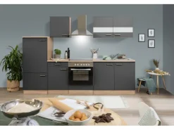 Respekta Kühlschränke|Einbauküchen<Küchenzeile KB270ESGC 270 cm -Eiche Sägerau Nachbildung Glänzend Grau
