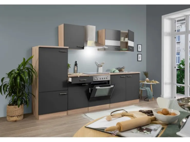 Respekta Kühlschränke|Einbauküchen<Küchenzeile KB270ESGC 270 cm -Eiche Sägerau Nachbildung Glänzend Grau
