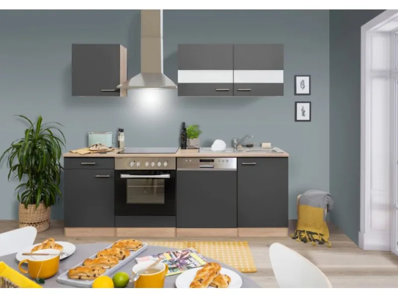 Clearance Küchenzeile KB220ESGC 220 cm -Eiche Sägerau Nachbildung Glänzend Einbauküchen|Kochfelder