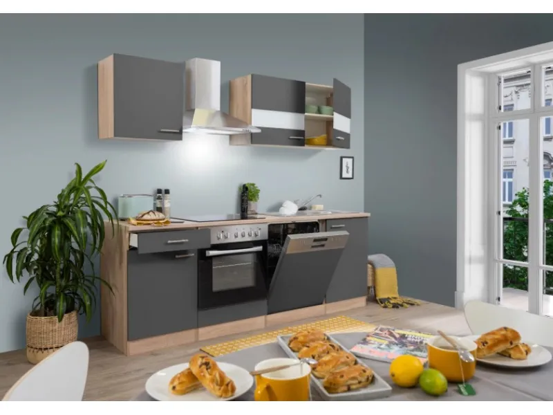 Clearance Küchenzeile KB220ESGC 220 cm -Eiche Sägerau Nachbildung Glänzend Einbauküchen|Kochfelder