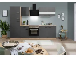 Hot Küchenzeile KB270ESGCGKE 270 cm -Eiche Sägerau Nachbildung Glänzend Einbauküchen|Single-Küchen