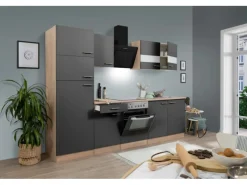 Hot Küchenzeile KB270ESGCGKE 270 cm -Eiche Sägerau Nachbildung Glänzend Einbauküchen|Single-Küchen