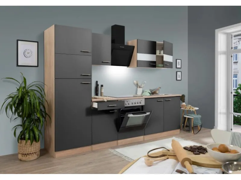 Hot Küchenzeile KB270ESGCGKE 270 cm -Eiche Sägerau Nachbildung Glänzend Einbauküchen|Single-Küchen