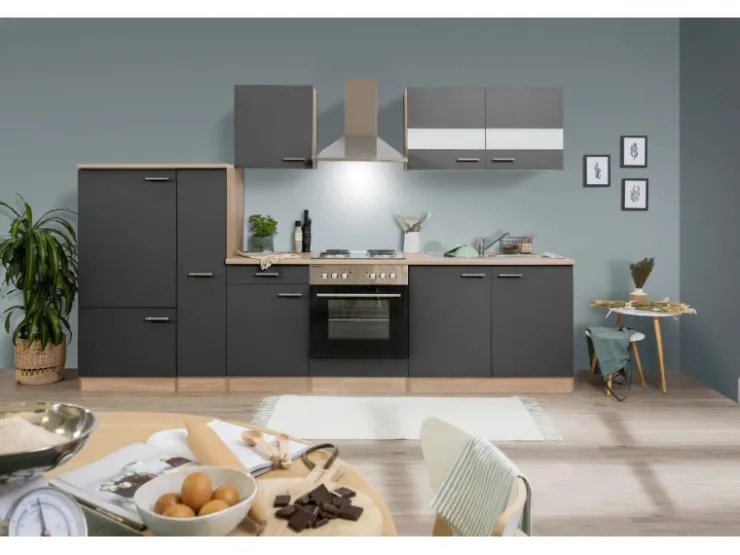Best Respekta Küchenzeile KB300ESG 300 cm -Eiche Sägerau Nachbildung Grau