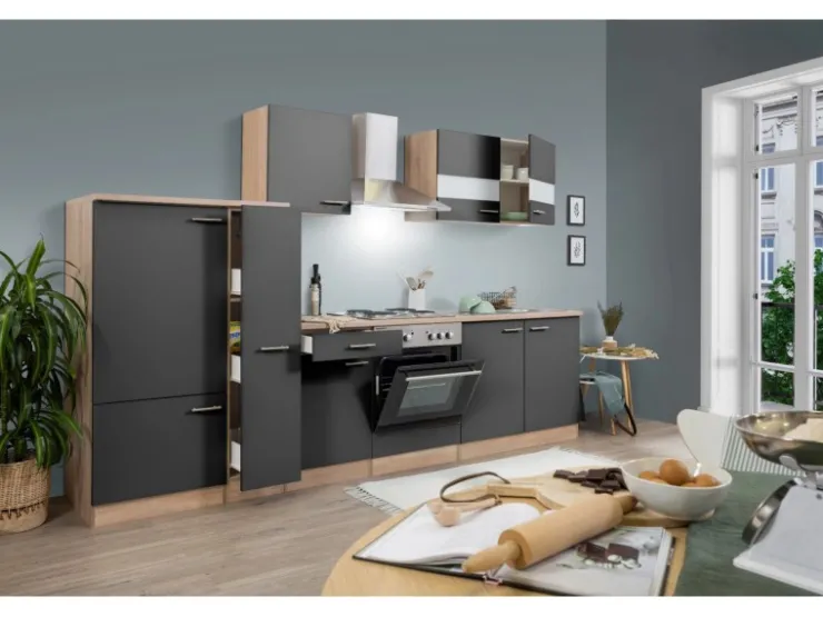 Best Respekta Küchenzeile KB300ESG 300 cm -Eiche Sägerau Nachbildung Grau