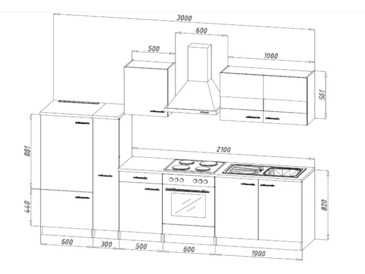 Best Respekta Küchenzeile KB300ESG 300 cm -Eiche Sägerau Nachbildung Grau