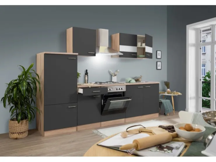 Best Respekta Küchenzeile KB270ESG 270 cm -Eiche Sägerau Nachbildung Grau