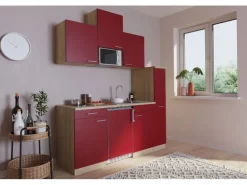 Respekta Miniküchen|Kochfelder<Küchenzeile KB180ESRMIC 180 cm -Eiche Sägeräu Nachbildung Rot