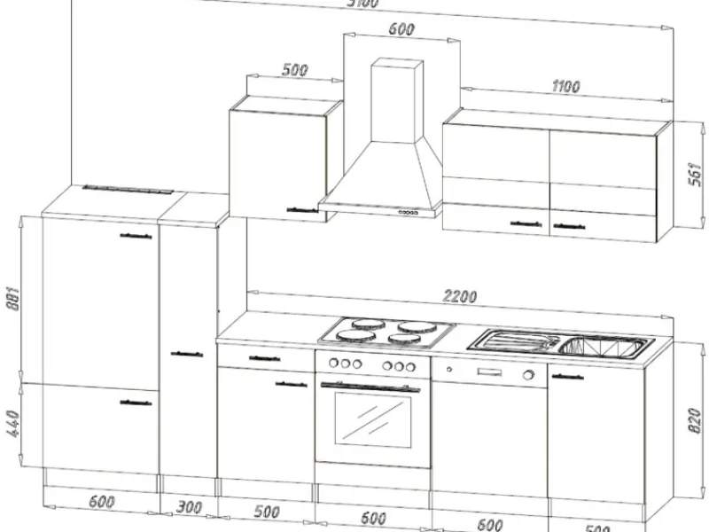 Best Küchenzeile KB310ESSC 310 cm -Eiche Sägerau Nachbildung Herde|Kühlschränke