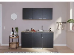 Clearance Respekta Küchenzeile KB150ESS 150 cm Schwarz-Eiche Sägerau