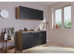 Clearance Respekta Küchenzeile KB150ESS 150 cm Schwarz-Eiche Sägerau