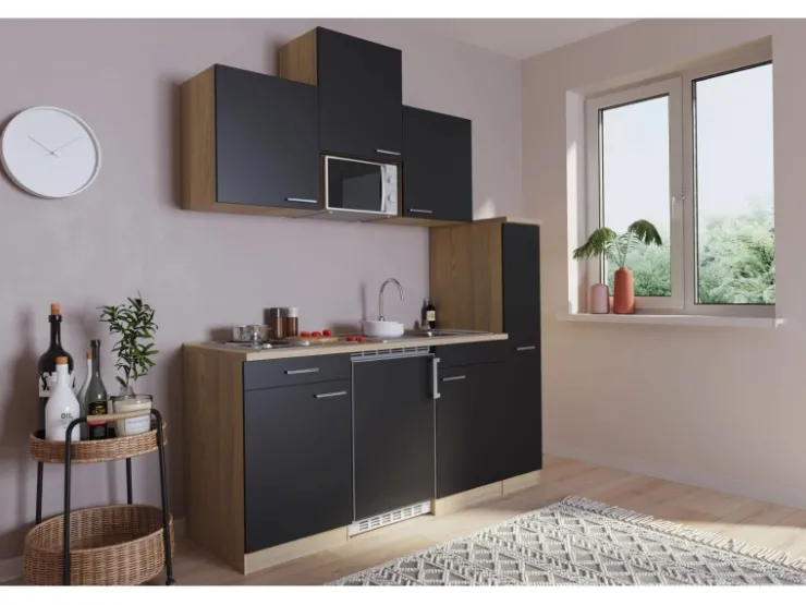 Sale Respekta Küchenzeile KB180ESSMI 180 cm -Eiche Sägeräu Nachbildung Schwarz