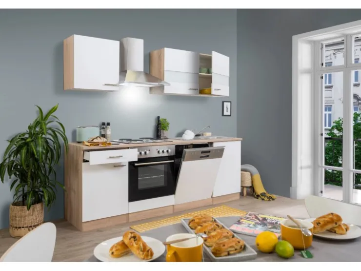 Respekta Winkelküchen|Einbauküchen<Küchenzeile KB220ESW 220 cm -Eiche Sägerau Nachbildung Weiß
