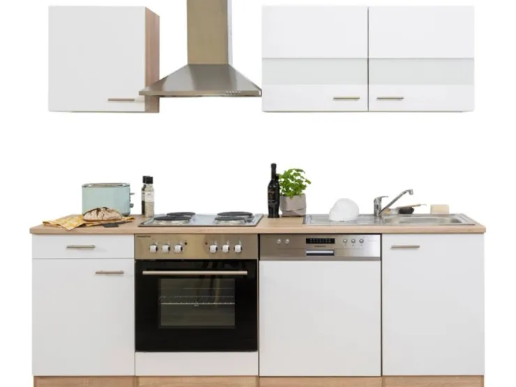 Respekta Winkelküchen|Einbauküchen<Küchenzeile KB220ESW 220 cm -Eiche Sägerau Nachbildung Weiß