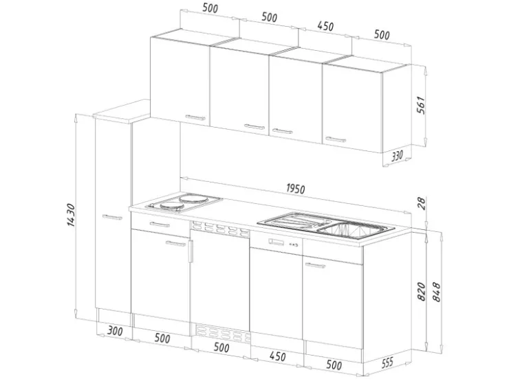 Best Respekta Küchenzeile KB225EYGC 225 cm -Eiche York Nachbildung Grau
