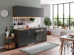 Outlet Respekta Küchenzeile KB195EYG 195 cm -Eiche York Nachb. Glänzend Duokochfeld Grau