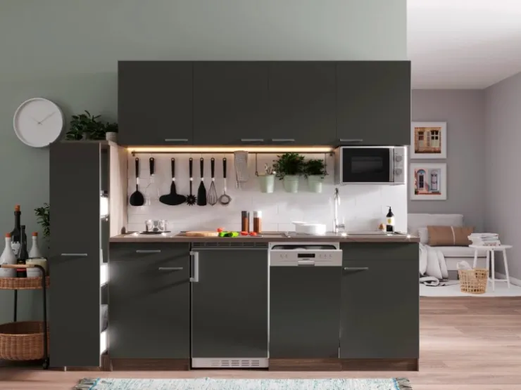 Respekta Küchenzeile KB225EYGMI 225 cm -Eiche York Nachbildung Grau